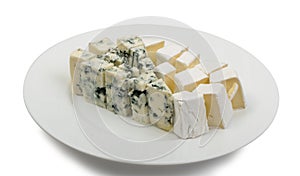 Piece of Blue Cheese and White Cheese on Plate Isolated photo