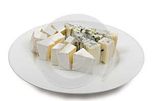 Piece of Blue Cheese and White Cheese on Plate Isolated photo