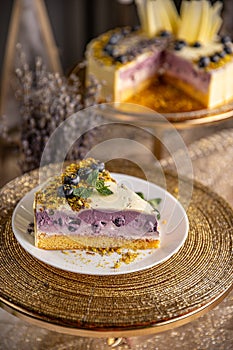 Piece of blueberry cheesecake