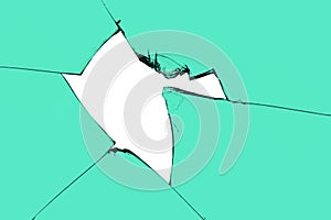 a piece of broken glass with a hole and cracks. Green window with white background in center, destruction effect