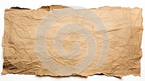 Piece of brown rustic paper isolated on white created with Generative AI. Old papyrus.