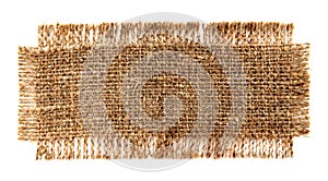 A piece of burlap fabric on a white background. Burlap texture isolate closeup