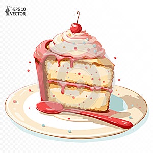 Piece of cake with cherry and whipped cream. Confectionery decorated dessert. 3d vector food illustration for packaging design,