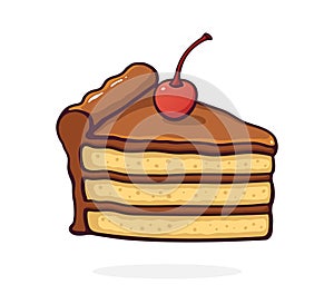Piece of Cake with Chocolate Cream and Glaze and Cherry. Dessert Food. Vector Illustration. Hand Drawn Cartoon Clip Art