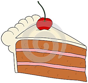 Piece of cake with cream and cherry. Vector illustration