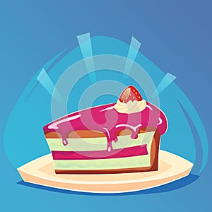Piece of cake with cream and strawberry birthday tasty bake. Vector illustration piece cake slice. Sugar gourmet pastry cake slice