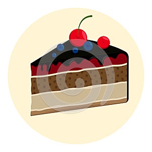 Piece of cake with dark chocolate icing. Pie decorated with cherries and blueberries. Cartoon vector isolated on white background