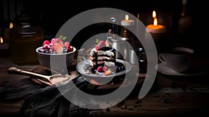 A piece of cake with fruit, a bowl of fruit, candles on the table