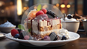 A piece of cake on a plate with berries and ice cream