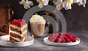 piece of cake on a plate with fresh berries