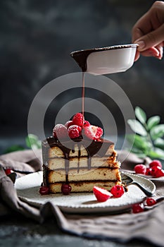 A piece of cake on a plate getting drizzled with decadent chocolate glaze