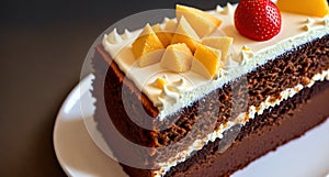 A piece of cake with white frosting and fruit on top.