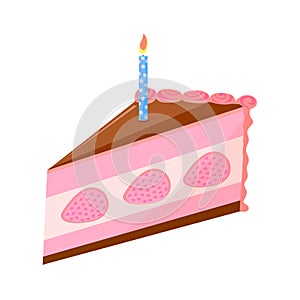 A piece of celebratory cake with a candle with strawberry