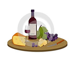 A piece of cheese with a bottle, a glass of red wine and red grapes on a wooden board. Vector