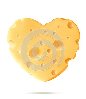 A piece of cheese in the shape of a heart on a white isolated background