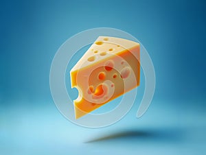 Piece of cheese in a triangle block floating with a blue studio background