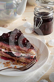 Piece of cherry cake on a white plate