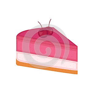 Piece of cherry cheesecake. Cherry pie on white background, vector illustration