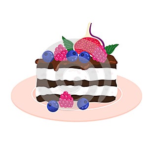 Piece of chocolate cake with berries, fruits and cream