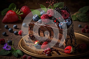 a piece of chocolate cake with berries and chocolate sauce on a gold platter with a few raspberries and blueberries on top