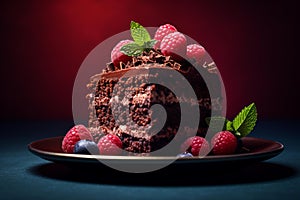 a piece of chocolate cake with raspberries and blueberries