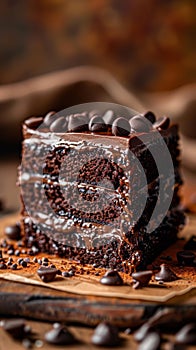 A piece of a chocolate cake with some frosting on top, AI