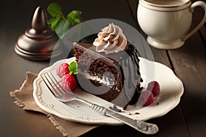 a piece of chocolate cake with whipped cream and raspberries on a plate with a fork and a cup of coffee in the background