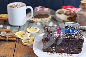 Piece of chocolate cake on a white plate Sacher