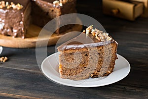 Piece of chocolate cake on a white plate on wooden. Traditional austrian cake. Sacher cake. Apricot pie. Breakfast concept. Coffee