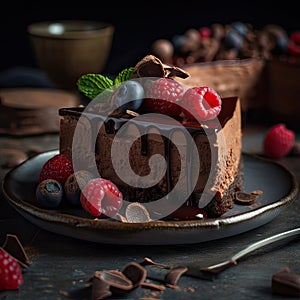 Piece of Chocolate cheesecake with fresh raspberries, blueberries and chocolate. Generative AI