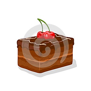 Piece of chocolate glazed layered gateau, fancy cake with buttercream garnished by cherries.