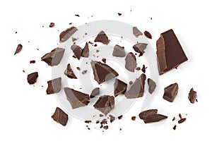 Piece of chocolate isolated on white background with clipping path. . Top view. Flat lay.