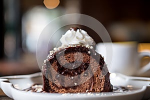 A piece of chocolate roll cake and whipped cream on the top in white ceramics plate and coffee cup on wooden table with blur backg