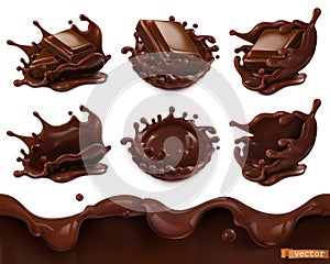 Piece of chocolate and chocolate splash. Seamless pattern. 3d vector food objects set