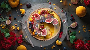 a piece of citrus tart with fruit on a table