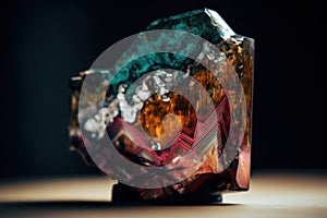 A piece of colorful rock sitting on top of a table. AI generative image.