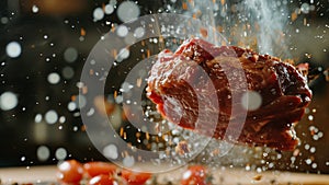 A piece of cooked beef meat steak flying