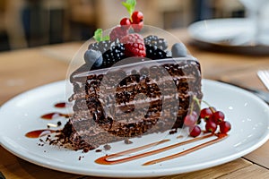 Piece of delicious chocolate cake with berries. Generative AI