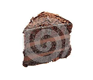 Piece of delicious chocolate cake on white background