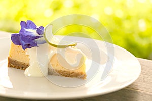 A piece of delicious lemon cheese pie in white plate on wooden table