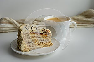 Piece of delicious sweet cake on white plate on light background