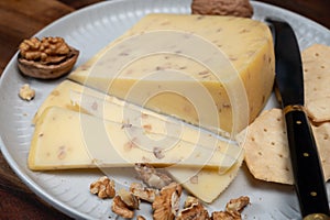 Piece of Dutch Gouda cheese made from cow milk with added walnuts close up