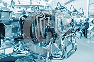 Piece of equipment of the aircraft engine closeup