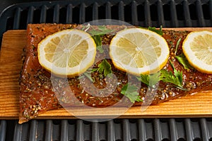 A piece of fish steak with lemons lies on a wooden board, baked, closeup