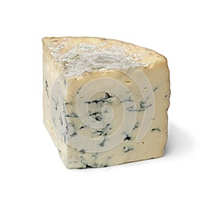 Piece of French blue Fourme d 'Ambert cheese on white background