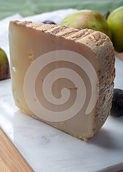 Piece of French cheese Tomme de Brebis made from sheep milk served as dessert with fresh figs and pears