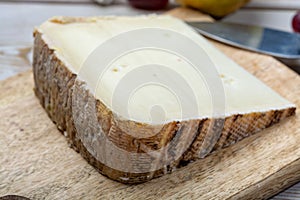 Piece of French cheese Tomme de Brebis made from sheep milk served as dessert with fresh figs and pears