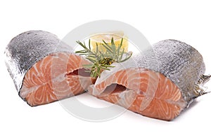 a piece of fresh salmon on a white background