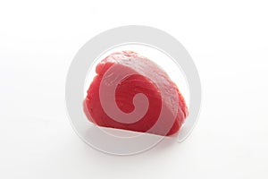 Piece of fresh tuna on white background.Omega is useful. Fresh fish. Copy space. Isolated object.