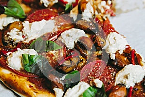 A piece of freshly baked homemade vegetarian pizza cuts with mussels tomatos tofu close up